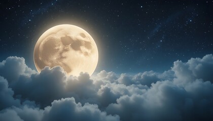 Full Glowing Moon and Solar Eclipse Over Misty Mountain Ridges and Dark Starry Night Sky with Clouds