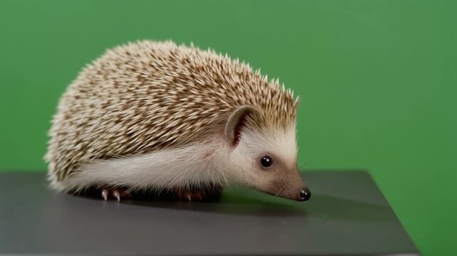 Hedgehog standing on a dark surface with a green background viewed from the side