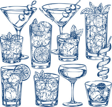 Large collection of hand drawn alcoholic cocktails and mixed drinks vector illustration