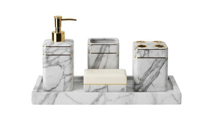 Luxury marble bathroom accessories set isolated on transparent background