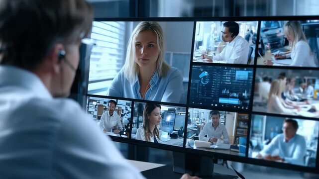 Remote Collaboration: A close-up shot of a professional at work, engaged in a multi-screen video conference, highlighting global team unity and technological connectivity.
