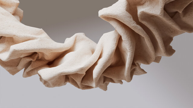 A giant inflatable ribbon-like sculpture made of weathered, porous volcanic stone. The sculpture is wrinkled and sagging. Concept of design trend All The Feels. Multisensory visuals. 