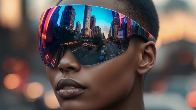 Holding pose, female model keeping still at urban portrait shoot, visor reflecting passing traffic