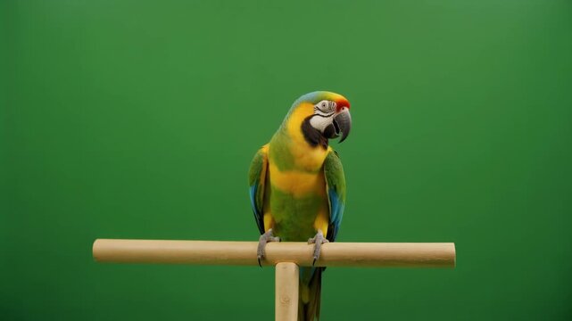 Vibrant parrot perched on wooden dowel against green studio backdrop, viewed from a slight angle