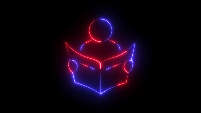 abstract glowing neon person reading book icon isolated on black background. futuristic education, learning, knowledge, and study concept . 4k motion video animation .