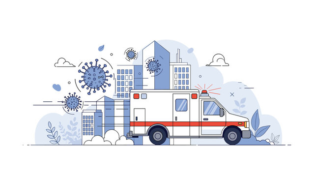 Medical ambulance speeding through a city with stylized virus icons in the air depicting the healthcare response during a pandemic.