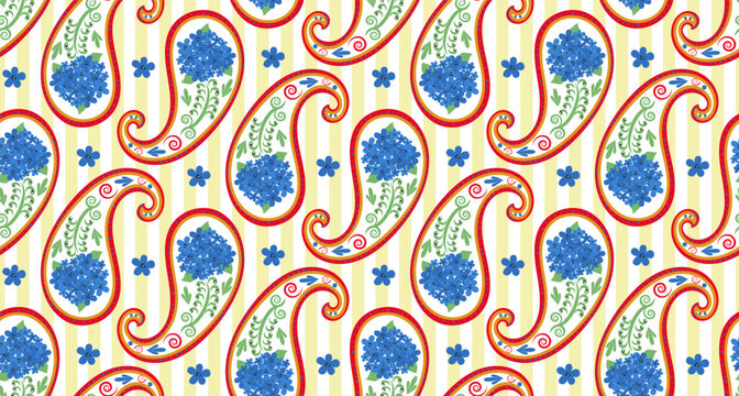  Seamless Paisley Floral Pattern with blue flowers hydrangea , vertical stripes in Italian folk style. Harmonious cashmere pattern. Ornamental textile design for fabric, fashion, wallpaper, packaging