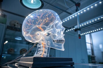 Transparent artificial skull with glowing neural pathways, floating in clean studio environment