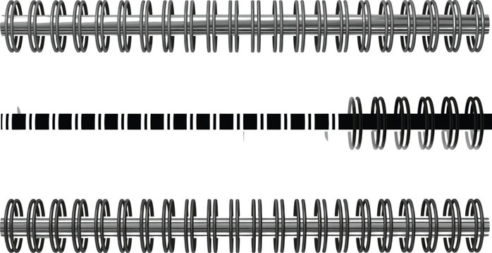 Spiral notebook binding vector set with metal coil wires in different views isolated on white background for stationery and print design