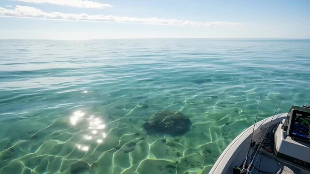 Medium shot of a fisherman operating a sonar fish finder device on a boat scanning underwater to locate fish schools with clear water reflections.