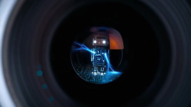 Startup-triggered bipedal robot booting inside lens barrel, emitting blue arcs on circuit floor
