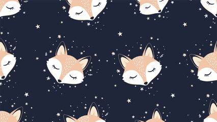 Fototapeta premium Sweet sleeping fox heads and tiny stars creating a seamless pattern on a dark night blue background for nursery or fabric design.