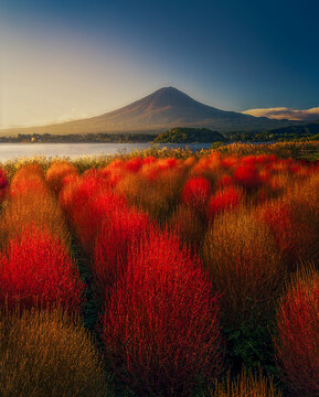 View of vibrant red Kochia bushes sway gently near a serene lake mirroring the majestic Mount Fuji under a clear sky, Fujikawaguchiko, Yamanashi, Japan.