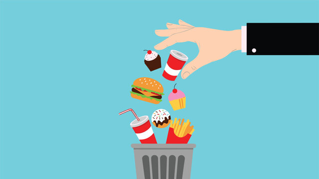 Healthy lifestyle choice shown by a hand throwing various unhealthy fast food items like burgers and fries into a trash container.
