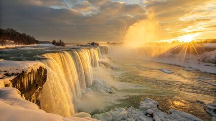 Fototapeta premium Majestic frozen waterfall illuminated by golden sunrise light with snow covered banks full hd 4k stock image download