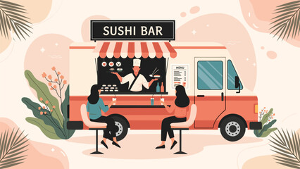 Customers sitting at a mobile sushi bar food truck parked near palm trees on a sunny day enjoying fresh japanese cuisine outdoors.