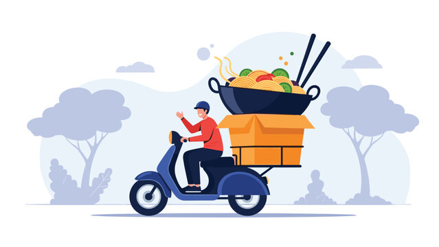 Fast food delivery person riding a blue scooter and carrying a giant bowl of ramen noodles with chopsticks on a city background.