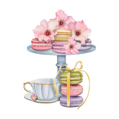 Sweet Pastel Macarons with Blooming Pink Flowers and Teacup