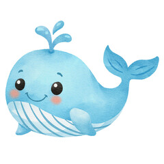 Adorable blue whale watercolor illustration with water splashing from blowhole. Cute marine animal cartoon character for baby nursery and ocean themes. © Pompom
