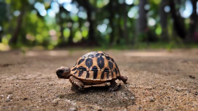 Baby Indian star tortoise walking slowly in natural light, peaceful movement, symbolic wildlife concept
