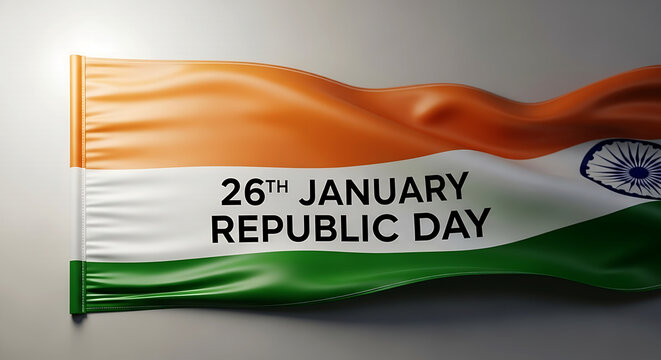 Waving Indian flag with '26th JANUARY REPUBLIC DAY' text celebrating India's national holiday.