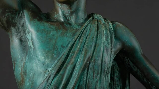 Pulling back camera revealing bronze torso in studio, showing patina and drapery folds for study