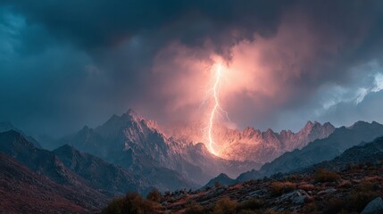 Fototapeta premium Lightning strikes a mountain peak during an afternoon storm against dramatic clouds in a high-quality microstock market scene