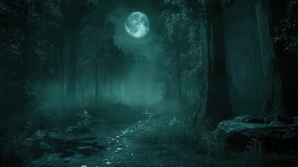 Naklejka premium A mysterious path winds through a dark forest under the glowing moonlight