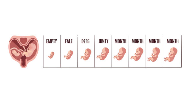 Infographic showing pregnancy development stages from empty to nine months with corresponding embryo illustrations
