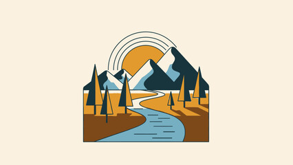 Stylized mountain and river landscape with sun vector illustration