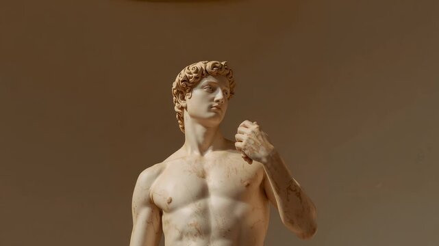 Pulling back, tilting upward, camera revealing marble statue with bare torso in gallery for display