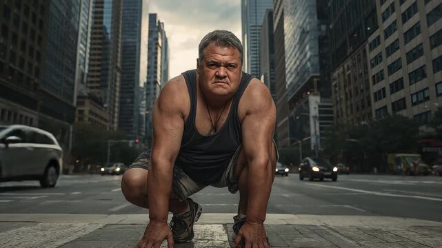 Placing hands, man in tank top holding crouch on board for pose on avenue with cars