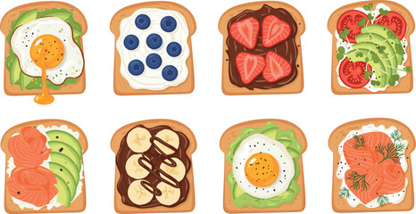 Vector illustration set featuring eight diverse gourmet toasts with sweet and savory toppings for healthy cafe menu designs © Tofajjol