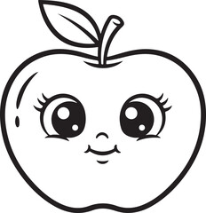 Cute cartoon apple with an adorable smiling face and big sparkling eyes, ready for coloring