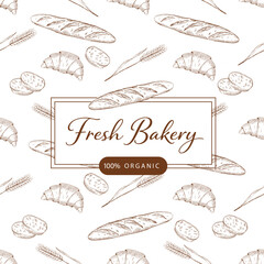 Fresh bakery seamless pattern with hand drawn bread, baguette, croissant and wheat. Vintage line art illustration for bakery branding, packaging, organic food design and background.
