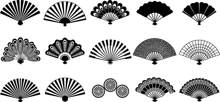 Traditional hand fan silhouette icon set with decorative folding fans, oriental patterns, cultural accessories, vintage elegance, and ornamental vector illustrations