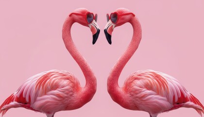 Obraz premium Pair of pink flamingos wearing red heart sunglasses forming a heart shape on a solid pink background