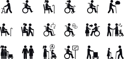 Senior citizen and wheelchair people icon set showing elderly activities, caregiving assistance, mobility support, healthcare symbols, and inclusive human vector pictograms