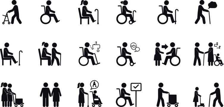 Senior citizen and wheelchair people icon set showing elderly activities, caregiving assistance, mobility support, healthcare symbols, and inclusive human vector pictograms