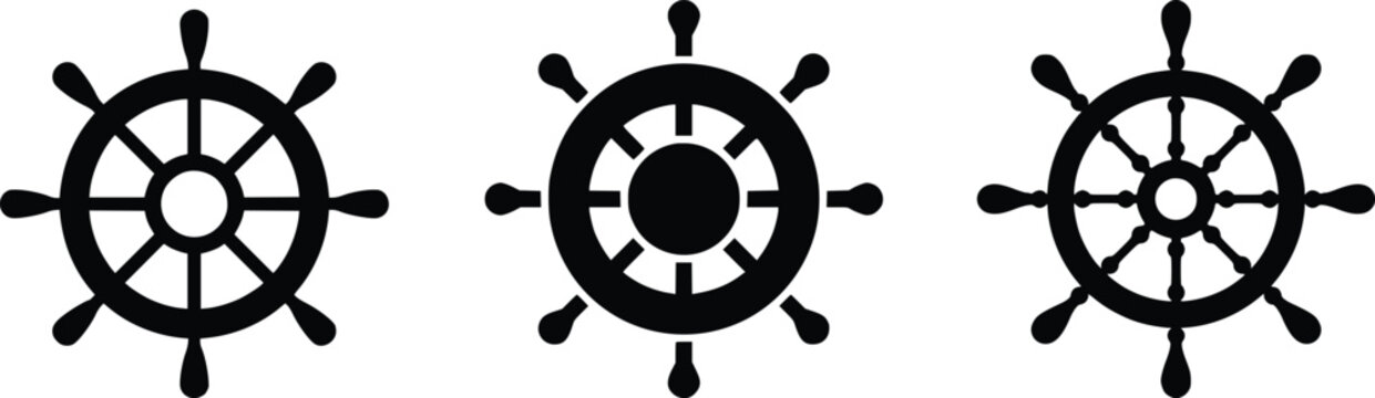 Ship Wheel Nautical Vector Icon Set &ndash; Maritime Steering Helm Symbols Isolated on White