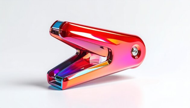 Metallic, rainbow-colored office stapler with open jaws sits against a white background