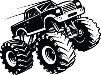 A black and white illustration of a powerful monster truck in motion © MAYENUDDIN