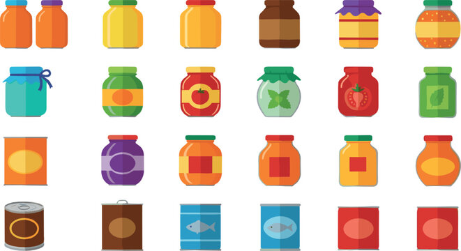 Food jar and canned goods icon set with colorful preserves, jams, honey, vegetables, and fish packaging in flat vector illustration style