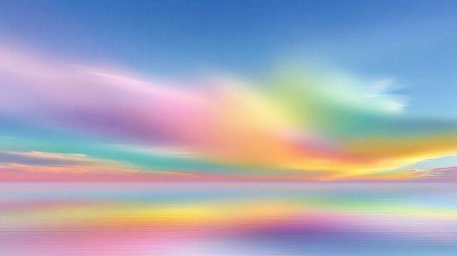 Colorful sky above calm water during sunrise with soft clouds and vibrant hues reflecting on the surface