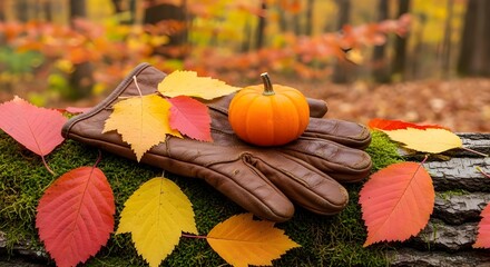 Autumnal still life: pumpkin and gloves adorned with colorful fall leaves
