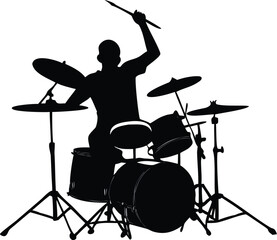 A silhouette of a drummer playing a full drum kit in black