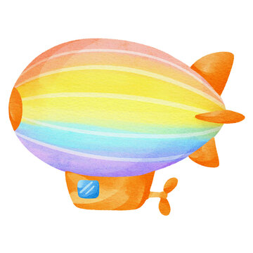 Vibrant rainbow-colored zeppelin watercolor illustration with an orange gondola. Hand-painted airship and dirigible flying machine in a cute cartoon style for travel and adventure themes.