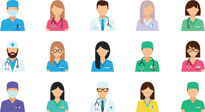 Medical staff avatar icon set doctors nurses healthcare professionals flat vector illustration