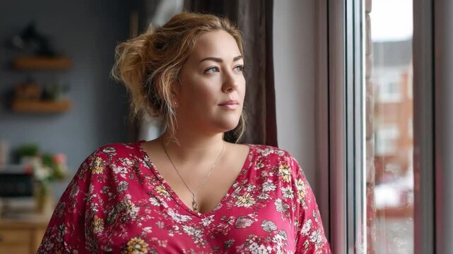 Serene Contemplation: A woman gazes thoughtfully out of the window, bathed in soft light, reflecting on life's journey, filled with serenity.