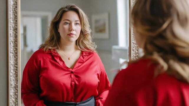 Self-Reflection in the Mirror: A woman in a red silk shirt gazes intently at her reflection in a mirror. This intimate moment captures self-awareness and contemplation.